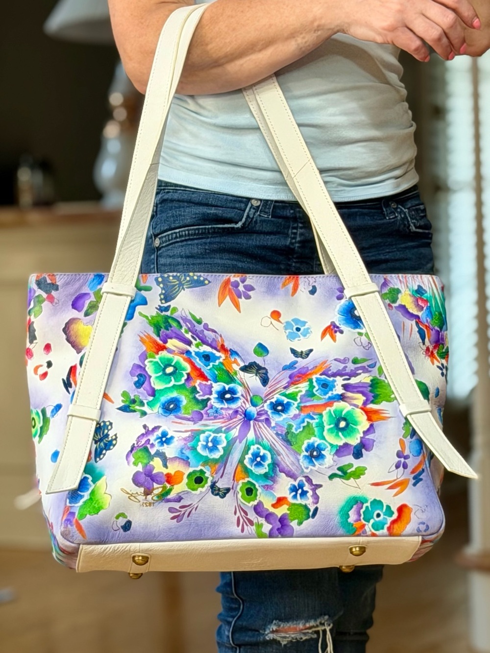 Sharif 1827 Rare‎ Archival Hand-Painted Butterfly Leather Tote Bag VGUC
